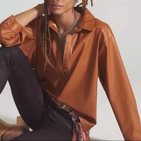 Anthropologie Tops - Anthropologie Cedar Half Button Faux Leather Shirt Blouse Women’s Small